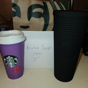 Starbucks reusable cups.